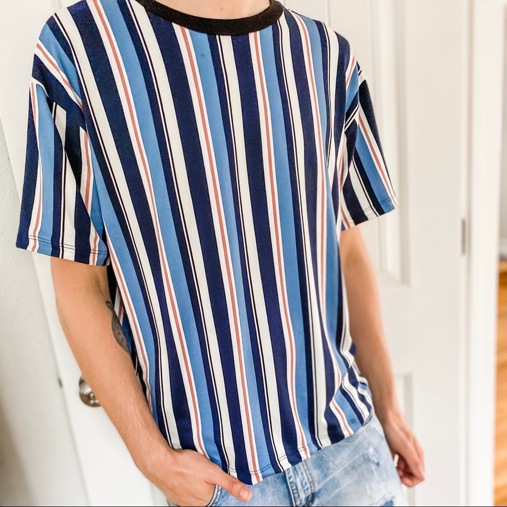 Vertical Striped Crew Neck Tee- Blue